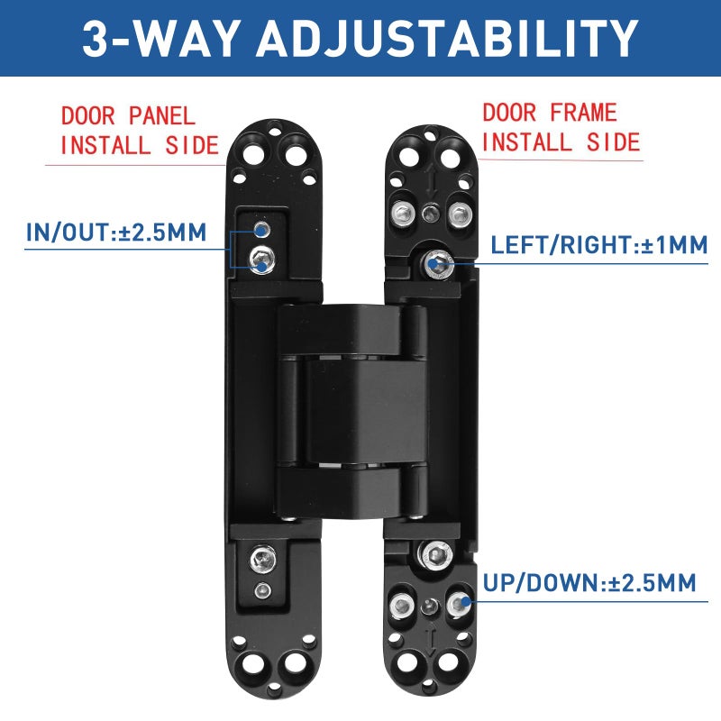TamBee Hidden Door Hinge Invisible Hinges - Black, 3 Way Adjustable, Zinc Alloy, Concealed, for Secret Doors, Hidden Door and Bookcase Door 7 Inch (2 Hinges) - Image 3